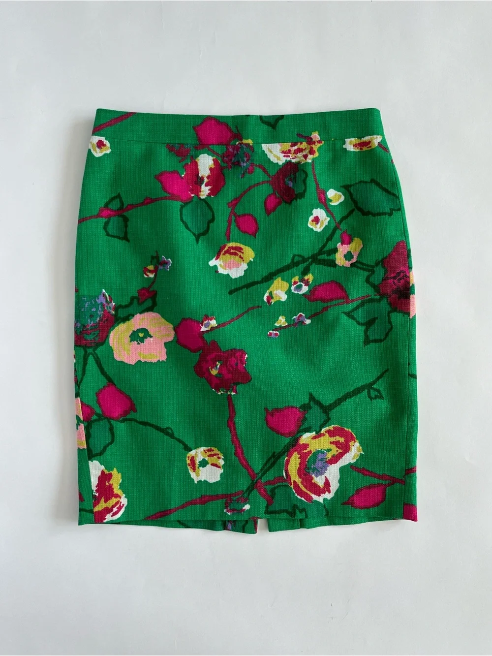 J. Crew Green Floral Pencil Skirt with Pink Accents
